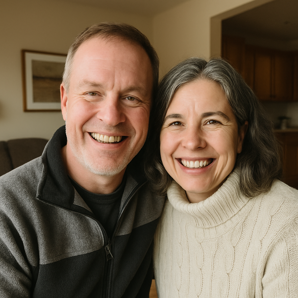 Linda and Robert smiling outdoors in their small Ontario town